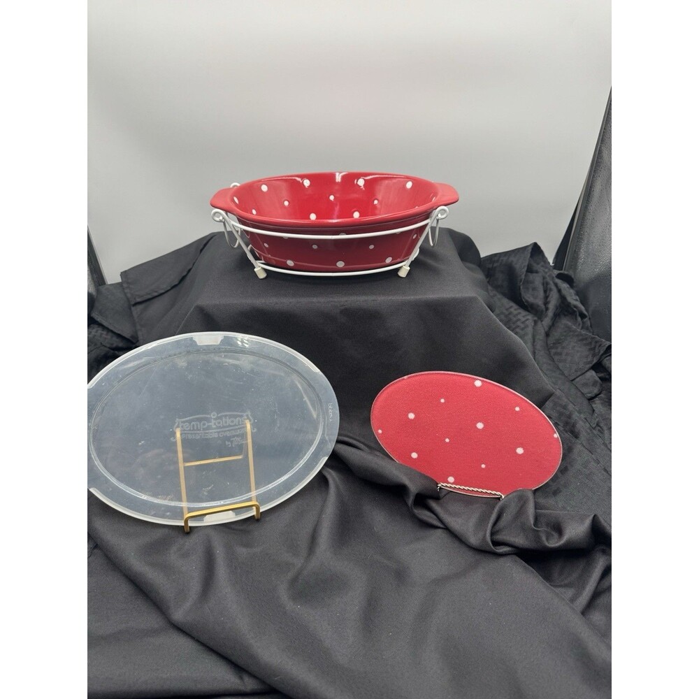 Temptations Red polka Dot Baking Dishes With Wire Basket And Cutting Board